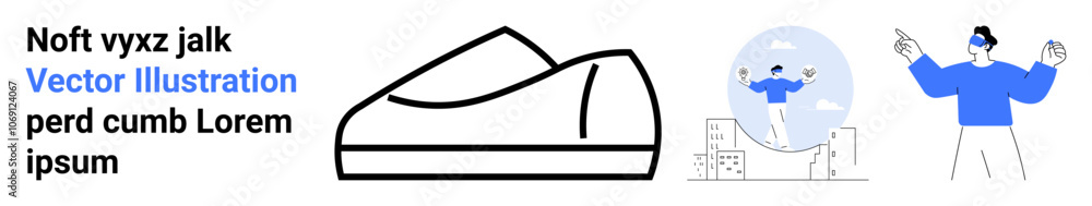 Minimalist shoe icon, person cheering with upraised arms, and a soccer player juggling a ball. Ideal for sports, minimalist design, fitness, celebration, vector art, blue accents, landing page