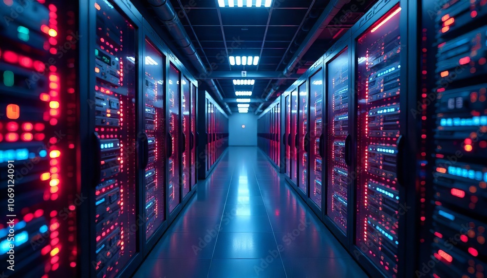 A modern data center showcasing high-tech servers, blue and red lights, emphasizing advanced technology and network security. A modern data center showcasing high-tech servers, blue and red lights, emphasizing advanced technology and network security.