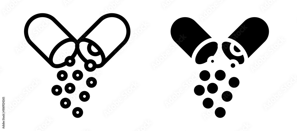 Open capsule pill icon symbol collection on white background. Open capsule pill icon symbol collection on white background.