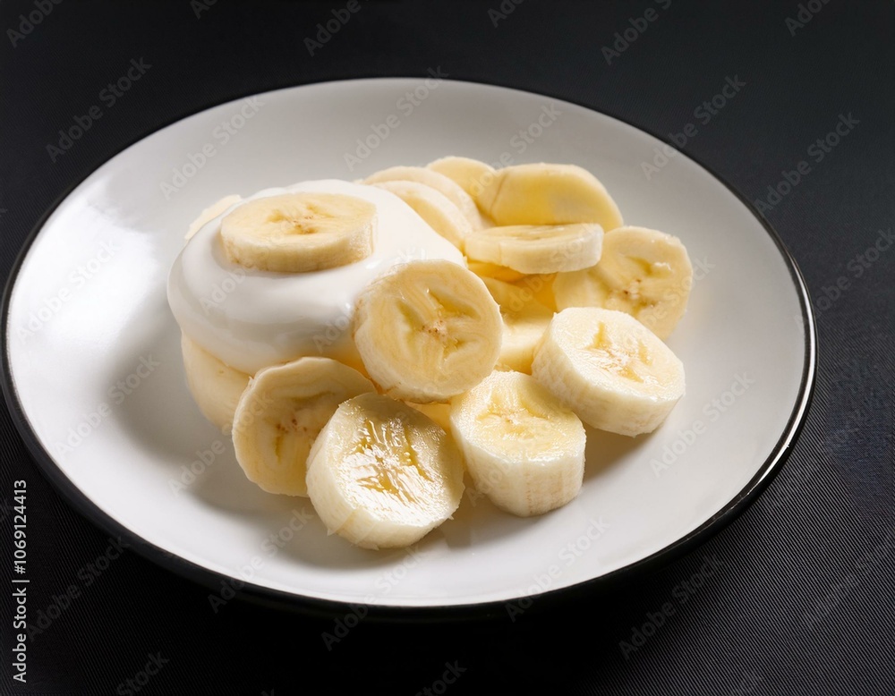 Healthy breakfast with banana and natural yogurt on plate Healthy breakfast with banana and natural yogurt on plate