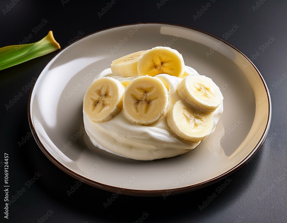 Healthy breakfast with banana and natural yogurt on plate Healthy breakfast with banana and natural yogurt on plate