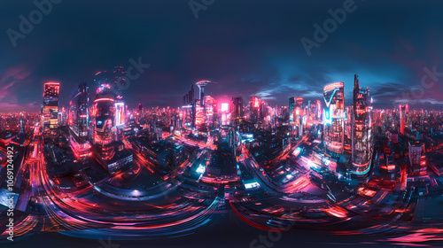 Futuristic cyberpunk night city with troninspired neon lights panorama hdri. Cyberpunk. Illustration photo