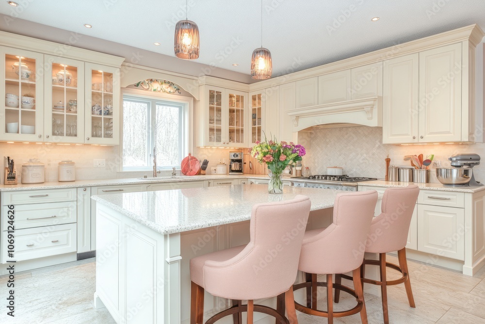 Modern Kitchen with White Cabinets, Granite Countertops, and Pink Bar Stools Modern Kitchen with White Cabinets, Granite Countertops, and Pink Bar Stools