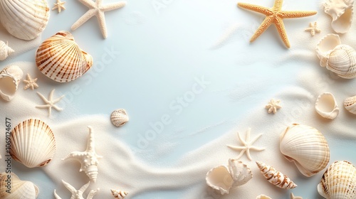 A light blue background with a white sand wave and scattered seashells and starfish. There is a large open space in the center.