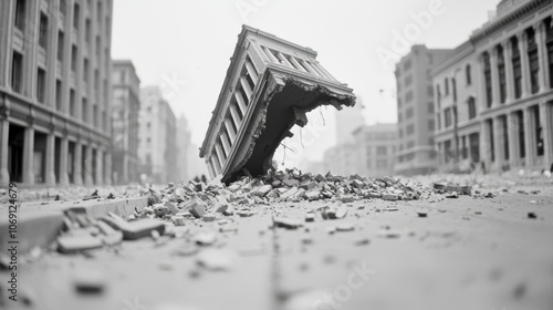 The aftermath of a powerful earthquake, with buildings reduced to rubble, streets cracked and impassable, a poignant image of the destruction and displacement caused by seismic events.