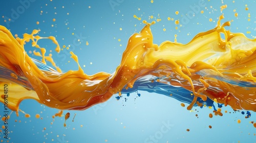 Vivid blue and yellow oil paint splashes create a dynamic abstract display against a bright blue backdrop during a lively art event photo