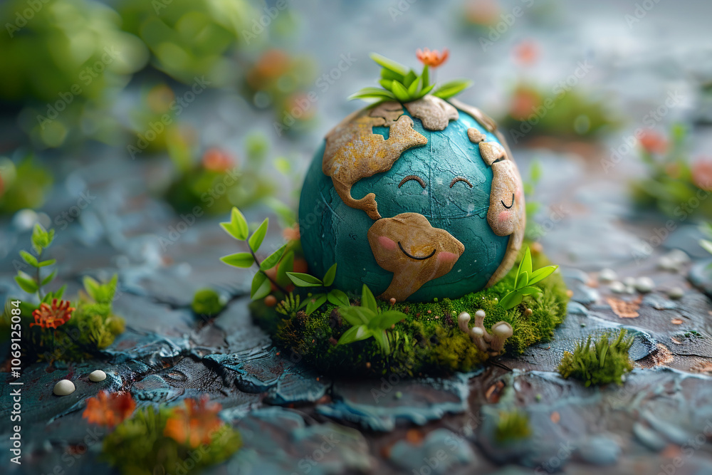 Joyful depiction of planet Earth charmingly adorned with plants and flowers Joyful depiction of planet Earth charmingly adorned with plants and flowers