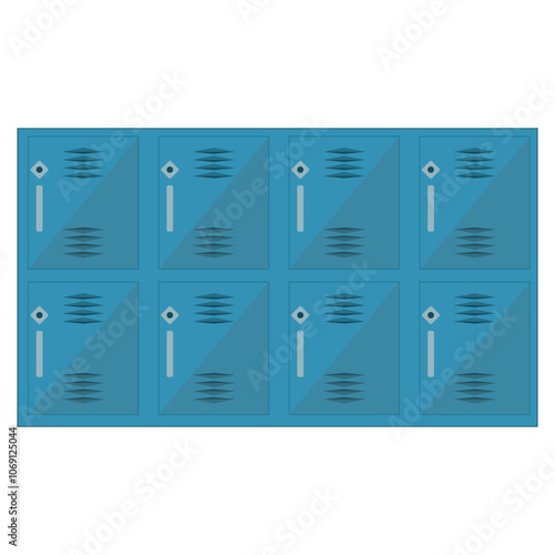 Closed school lockers are blue. Boxes for storing personal items