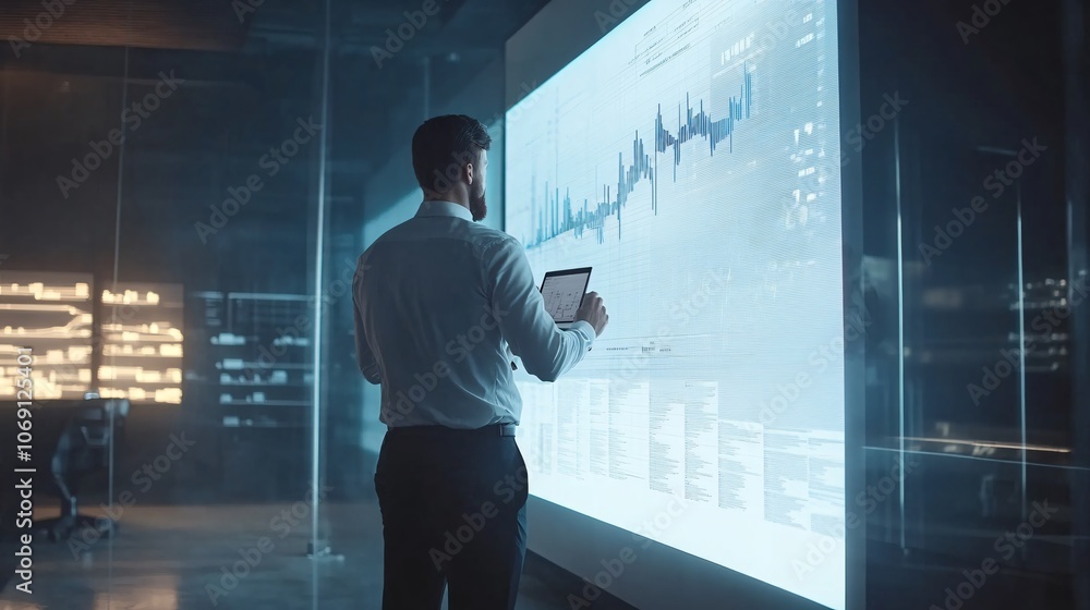 Businessman Analyzing Data on Large Digital Screen Businessman Analyzing Data on Large Digital Screen