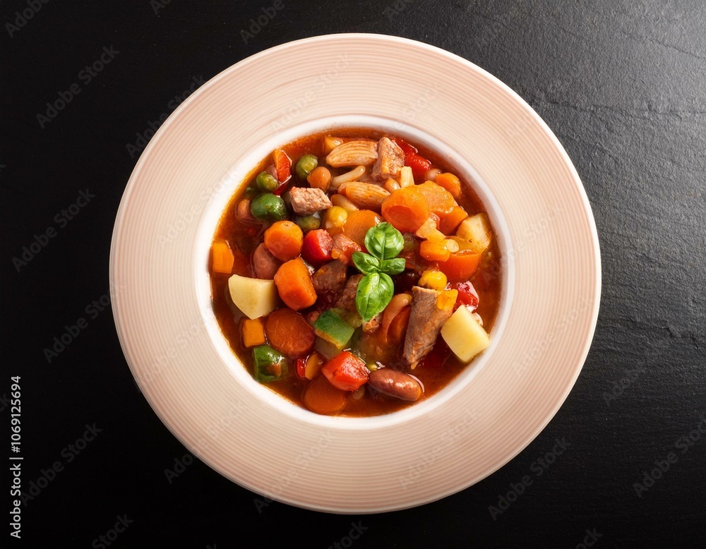 Delicious Vegetable and Bean Soup on a Rustic Plate Delicious Vegetable and Bean Soup on a Rustic Plate