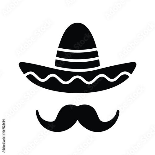 Sombrero and Mustache Silhouette Icon, Black silhouette of a traditional sombrero hat with decorative patterns and a mustache, symbolizing Mexican culture, heritage, and festivities.
