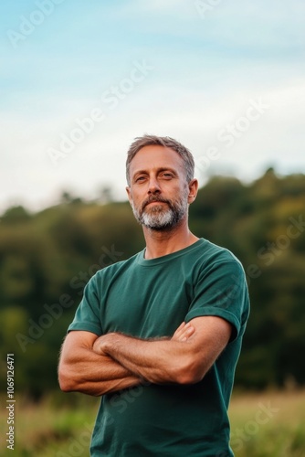 Portrait of a mature man with a beard standing in a field