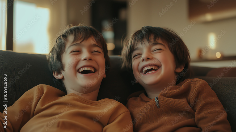 Two siblings sharing a laugh in a cozy living room Two siblings sharing a laugh in a cozy living room