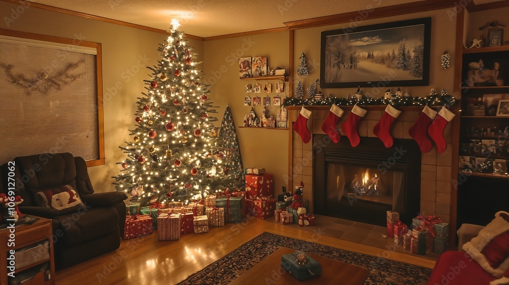 A cozy living room decorated for Christmas, with a twinkling tree adorned in ornaments and lights, stockings hung on the fireplace, and wrapped presents waiting beneath the tree.
A cozy living room decorated for Christmas, with a twinkling tree adorned in ornaments and lights, stockings hung on the fireplace, and wrapped presents waiting beneath the tree.