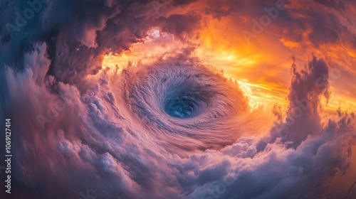 Vortex in colorful stormy sky, dramatic cloudscape at sunset, nature power and chaos concept