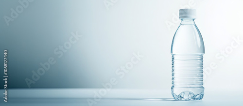 Clean modern water bottle with safety cap and half-filled with clear water on white background, symbolizing hydration and drinking safety, ample copy space for text overlay.