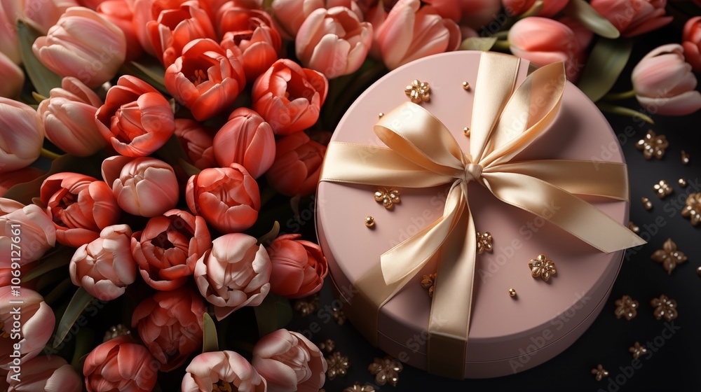 A beautifully wrapped gift box with fresh tulips on top, making a perfect gift for spring or Mother's Day. A beautifully wrapped gift box with fresh tulips on top, making a perfect gift for spring or Mother's Day.