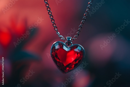 A stunning heart-shaped pendant glimmers with deep red hues. Its intricate design captures the essence of beauty and love. Perfect for gifts or personal style. Generative AI