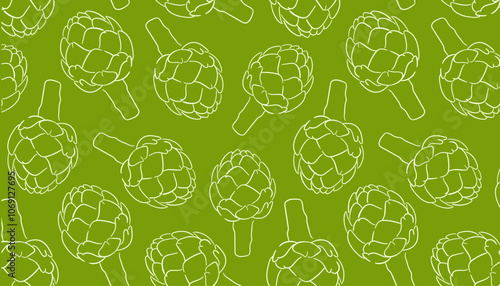 Seamless pattern of line art artichoke on a green background. Ideal for textile, packaging, wallpaper and eco friendly design.