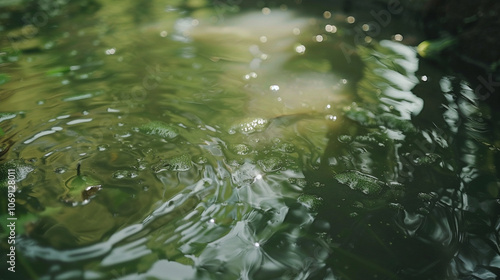 A close shot of unmoving water in a pond with algae forming on the surface, showing lack of motion. photo