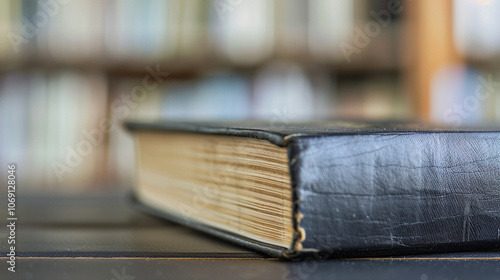 A close-up of a dusty book on a shelf, symbolizing ideas left unexplored or forgotten. photo