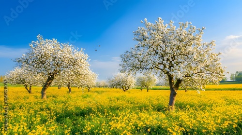 A peaceful orchard with blossoming fruit trees and bees buzzing around under a clear blue sky creates a tranquil and vibrant rural scene.