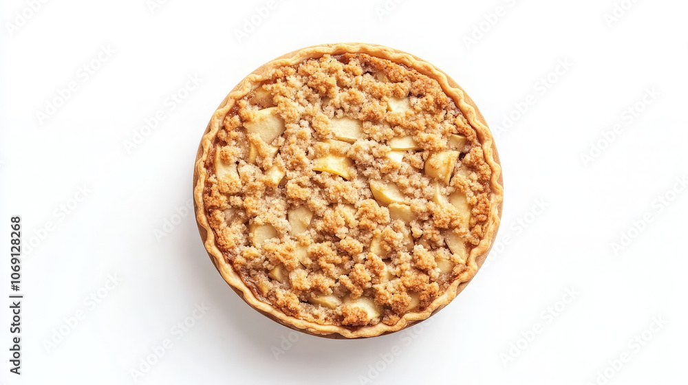 A round apple pie with a crumbly topping on a white background. A round apple pie with a crumbly topping on a white background.