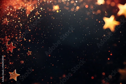 Décorations classiques rouge et or sur fond noir avec étoiles scintillantes et espace texte vide..