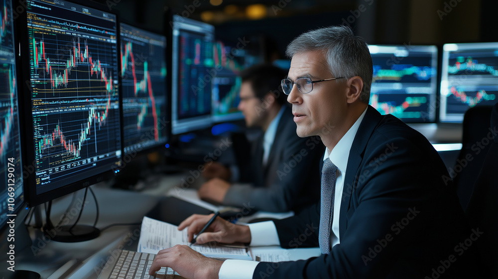 focused businessman analyzes financial data on multiple screens, showcasing his expertise focused businessman analyzes financial data on multiple screens, showcasing his expertise