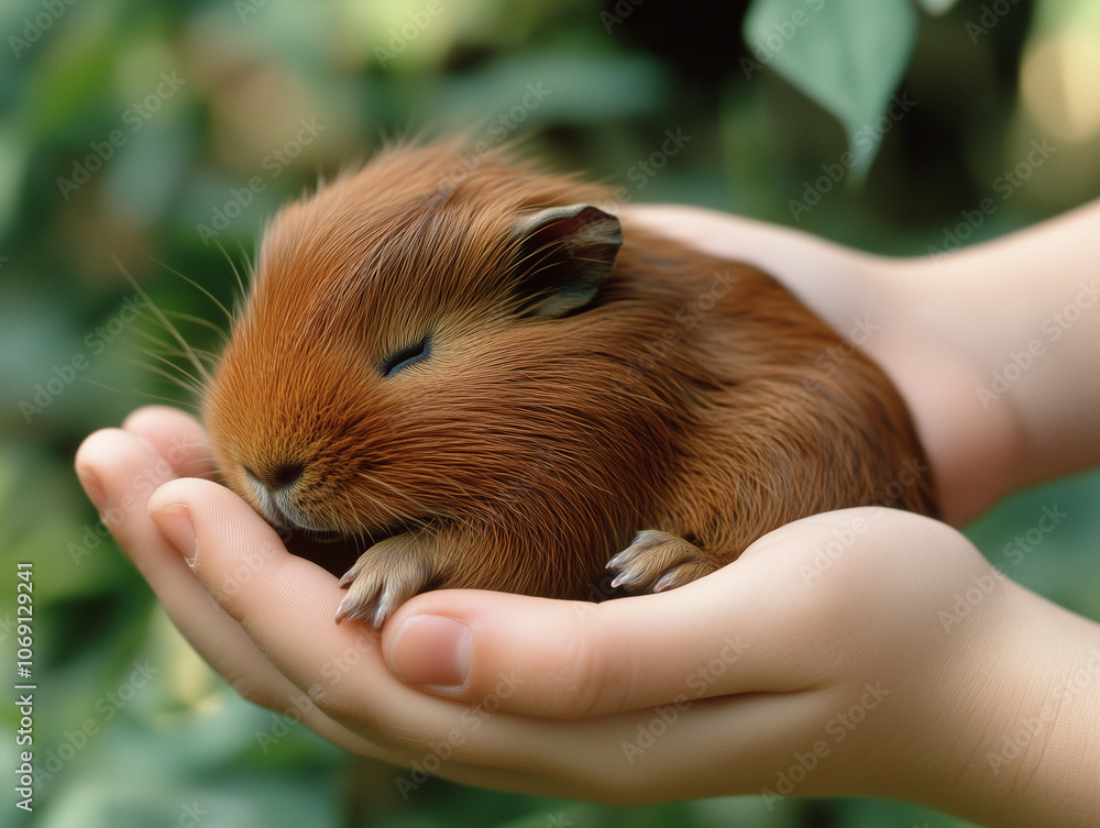 A cute brown baby guinea pig is sitting in a child's hands. Children's and pet's friendship. Horizontal shot A cute brown baby guinea pig is sitting in a child's hands. Children's and pet's friendship. Horizontal shot