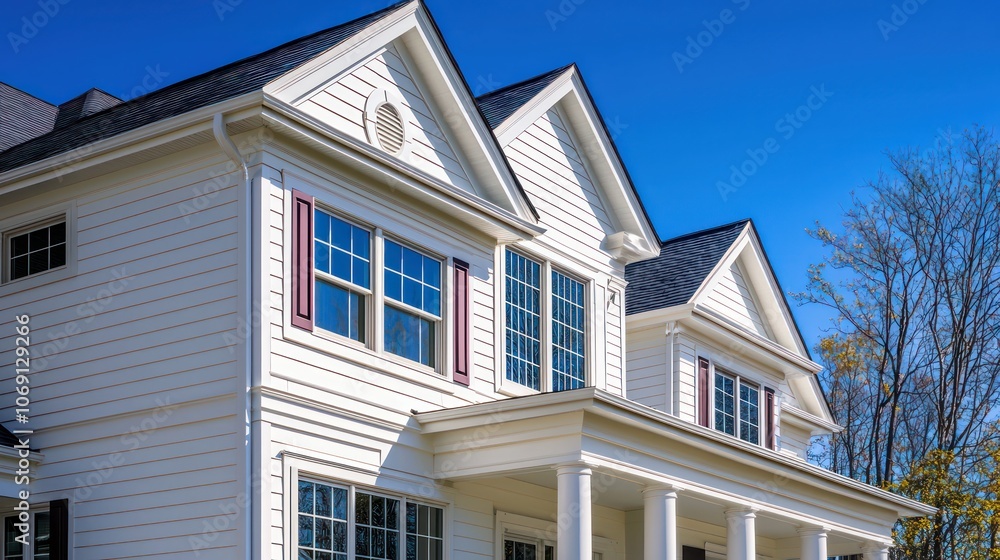 Classic Georgian home, white exterior, mulberry trim, cream windows, bright day. Classic Georgian home, white exterior, mulberry trim, cream windows, bright day.