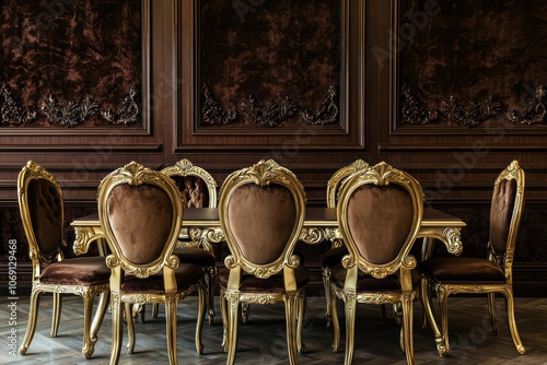 Luxury dining setup with gold chairs and table against a velvet chocolate wall.