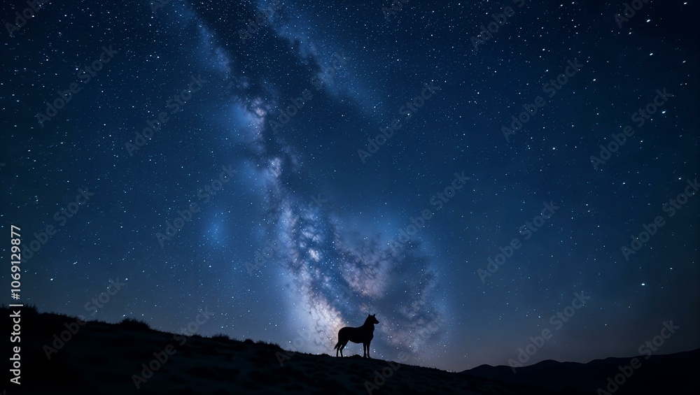Fototapeta premium wolf silhouette on the top of a hill against twilight sky with stars