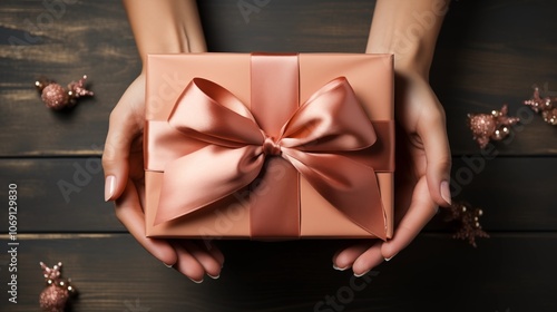 A woman holds a beautifully wrapped gift box with satin ribbon, perfect for any occasion. photo