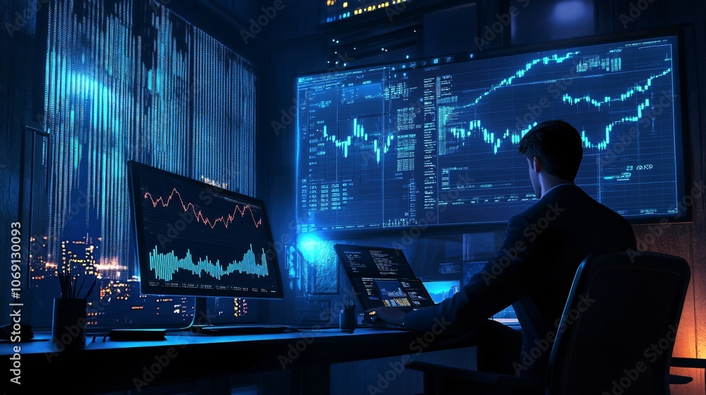 Stock Market Analyst Working Late at Night Stock Market Analyst Working Late at Night
