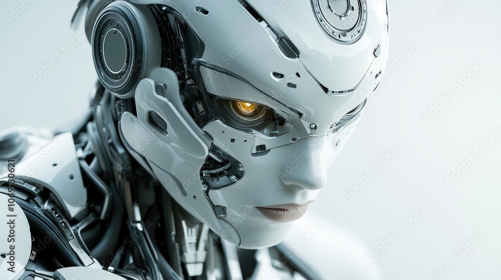 A futuristic, sleek robot head with intricate mechanical details and a glowing eye, This image can be used for articles on technology, AI, robotics, and science fiction themes, A futuristic, sleek robot head with intricate mechanical details and a glowing eye, This image can be used for articles on technology, AI, robotics, and science fiction themes,