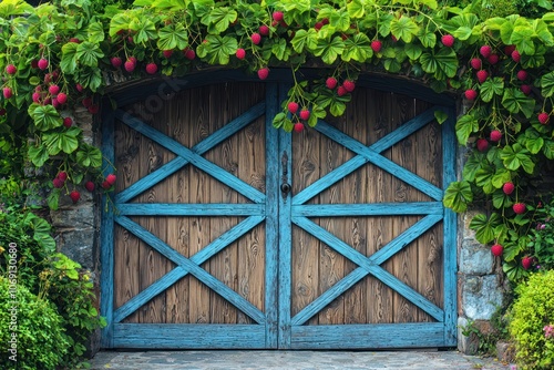 High-detail garden gate with luxurious wooden design, arctic blue trellis, raspberry vines.