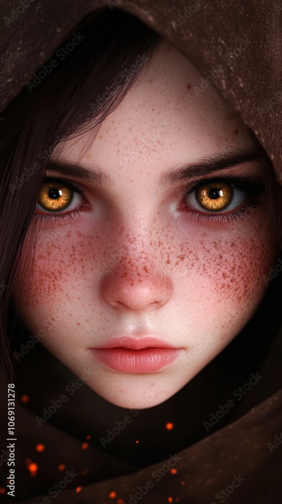 A close-up portrait of a girl with striking amber eyes and freckles, partially concealed by a brown hood, creating a mystical atmosphere, Perfect for fantasy-themed projects, character design A close-up portrait of a girl with striking amber eyes and freckles, partially concealed by a brown hood, creating a mystical atmosphere, Perfect for fantasy-themed projects, character design
