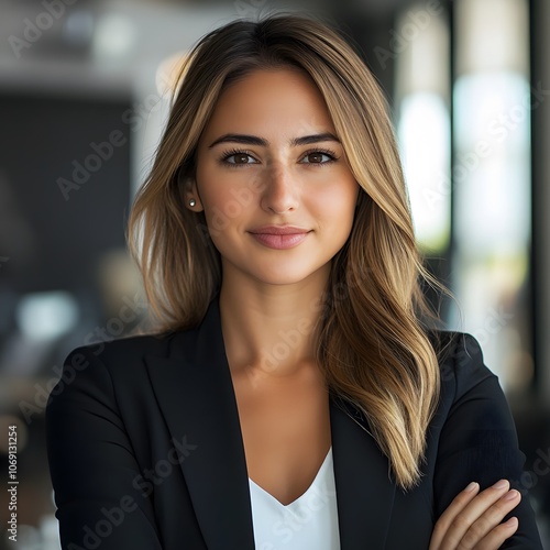 A professional headshot of a confident businesswoman, captured with natural lighting and a blurred office background, highlighting a polished and self-assured demeanor.