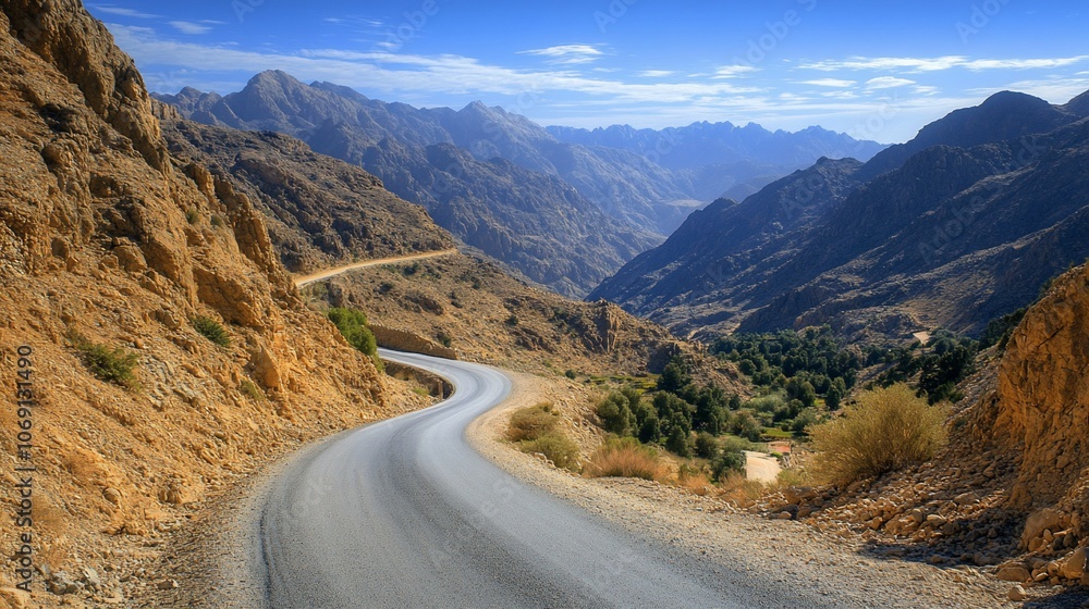 Fototapeta premium A winding asphalt road leads through a valley in a mountainous region 