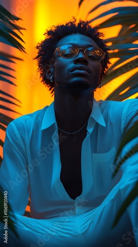 Fashionable Young Man in Stylish White Outfit Posing Amidst Vibrant Tropical Leaves with Dramatic Lighting