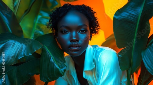 Elegant and Creative Portrait of a Woman Posing Among Tropical Foliage with Vibrant Contrasting Lighting