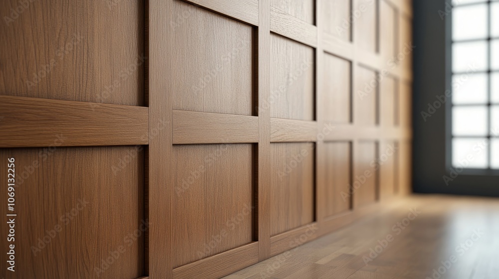 A wooden wall with a window in the background A wooden wall with a window in the background