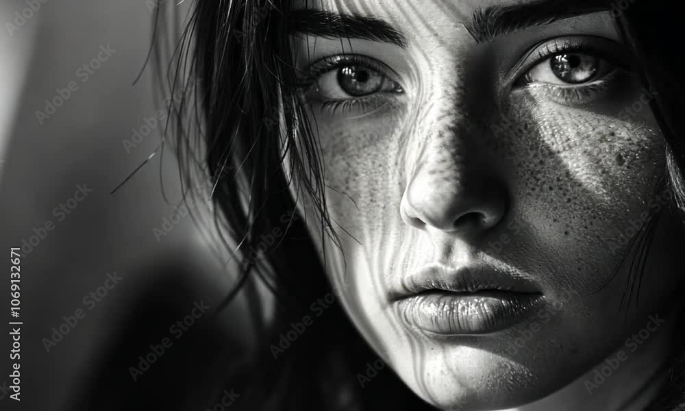 Monochrome Portrait of Woman with Freckles and Shadows Creating an Intriguing Artistic Atmosphere Monochrome Portrait of Woman with Freckles and Shadows Creating an Intriguing Artistic Atmosphere