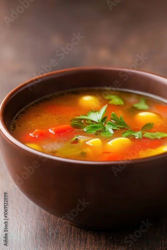 Delicious homemade vegetable soup in a bowl, garnished with fresh herbs