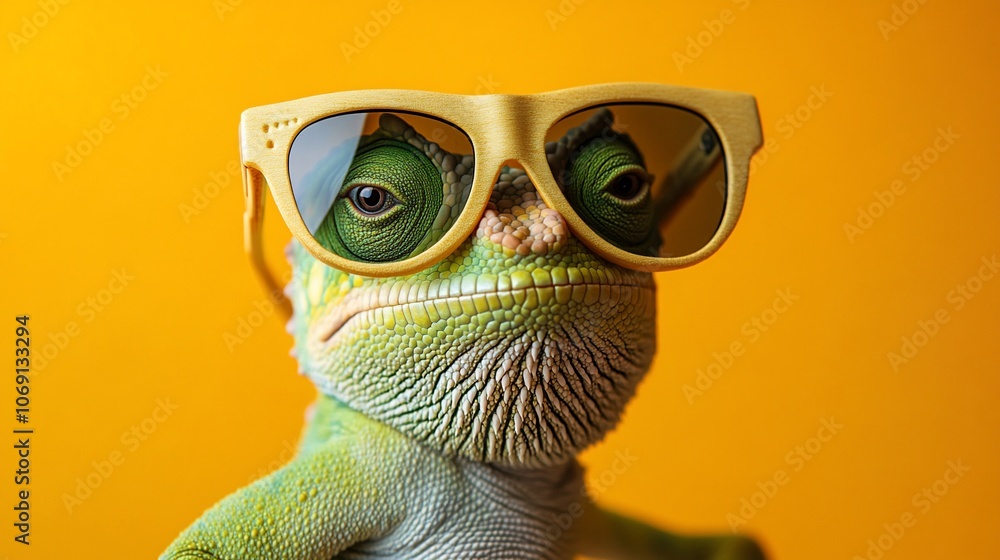 A green chameleon with sunglasses on a yellow background looking directly at the camera. A green chameleon with sunglasses on a yellow background looking directly at the camera.