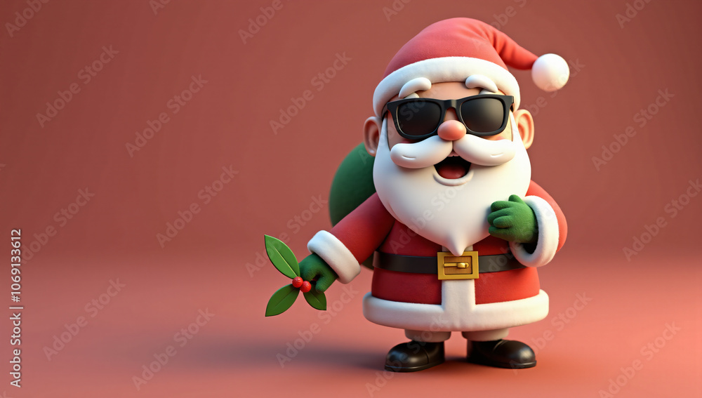Santa holds a sprig of mistletoe, smiling warmly in his classic suit and sunglasses. A charming holiday image perfect for festive traditions and holiday romance themes. Santa holds a sprig of mistletoe, smiling warmly in his classic suit and sunglasses. A charming holiday image perfect for festive traditions and holiday romance themes.