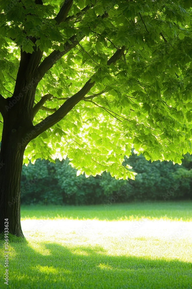 Lush green tree canopy over a grassy field Lush green tree canopy over a grassy field