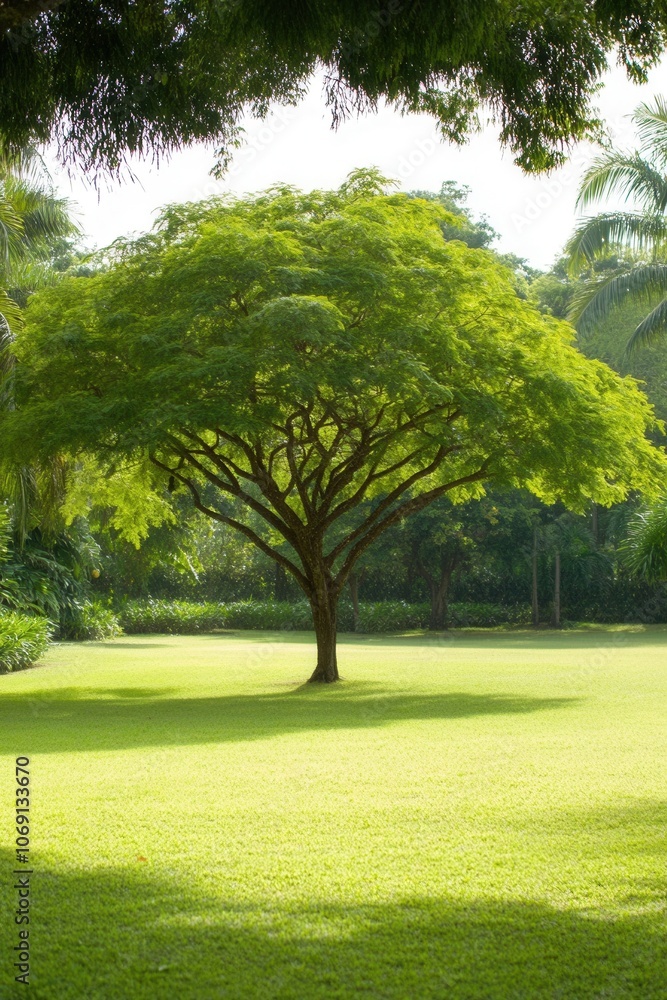 Naklejka premium Lush green tree in a tropical garden