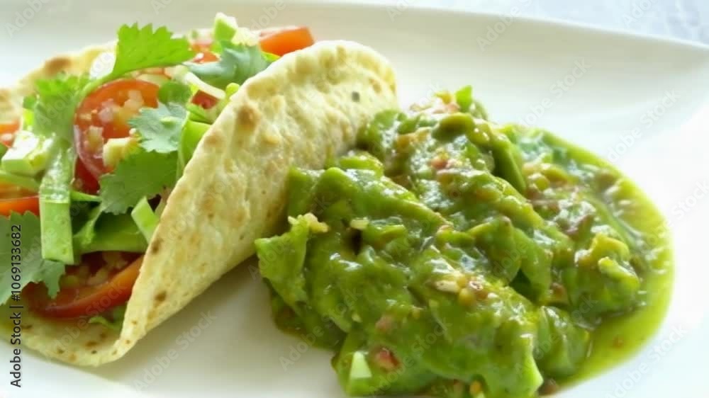 A colorful taco with fresh vegetables and guacamole, showcasing vibrant flavors and traditional presentation in a dining context. A colorful taco with fresh vegetables and guacamole, showcasing vibrant flavors and traditional presentation in a dining context.